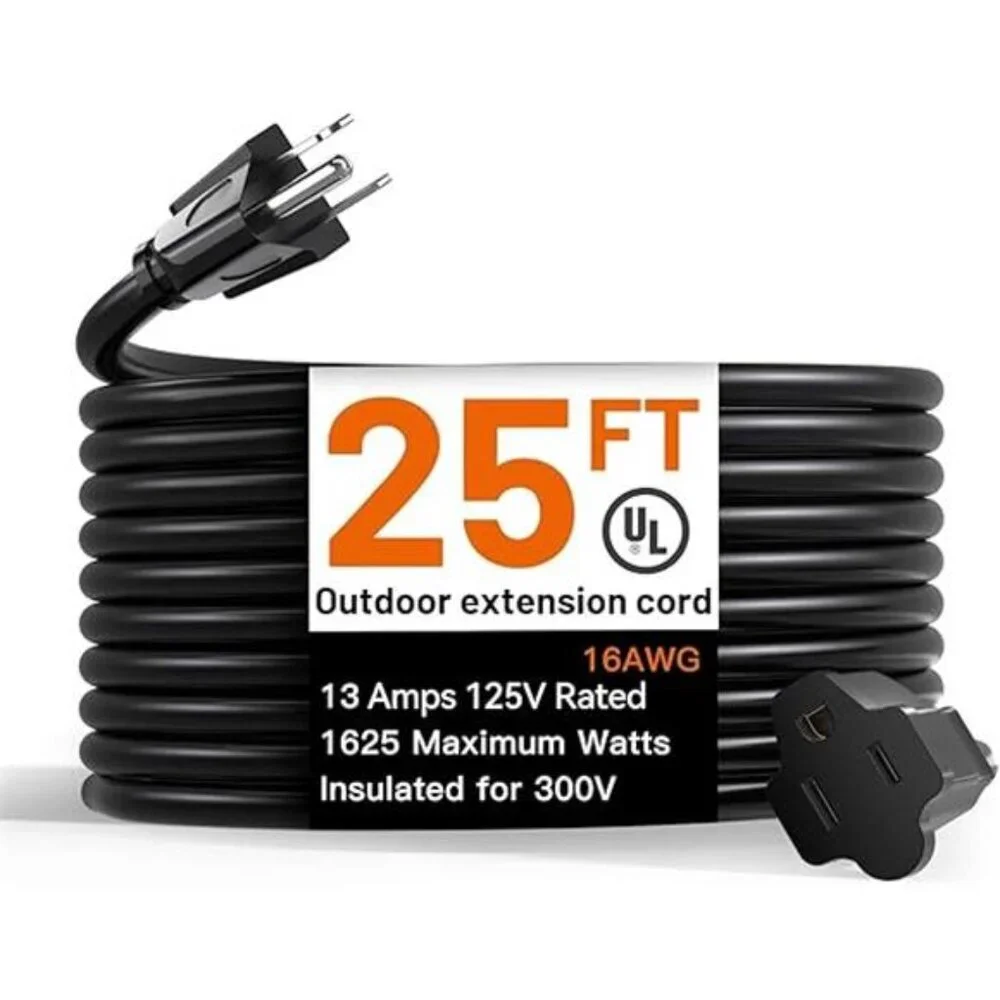 25 Feet Outdoor Extension Cord Waterproof Deep Black 16 AWG 3 Prong, Flexible